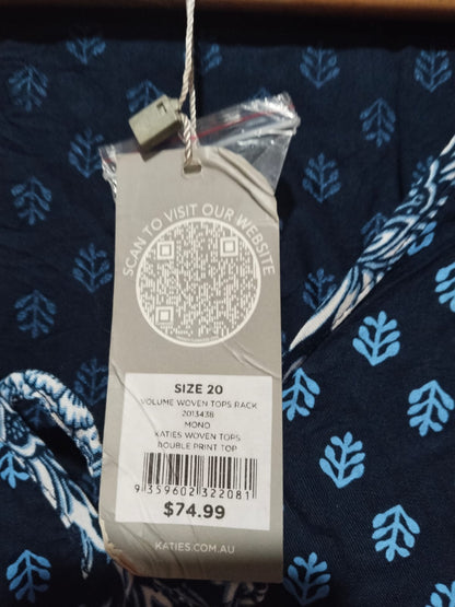 KATIES|XL|Bust 23|Blue Elbow Sleeve Double Print Peasant Top Blouse