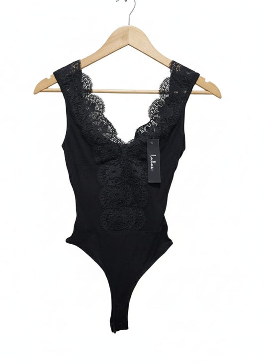LULUS|XS|BUST 11| Ravalli Black Lace Ribbed Sleeveless Bodysuit