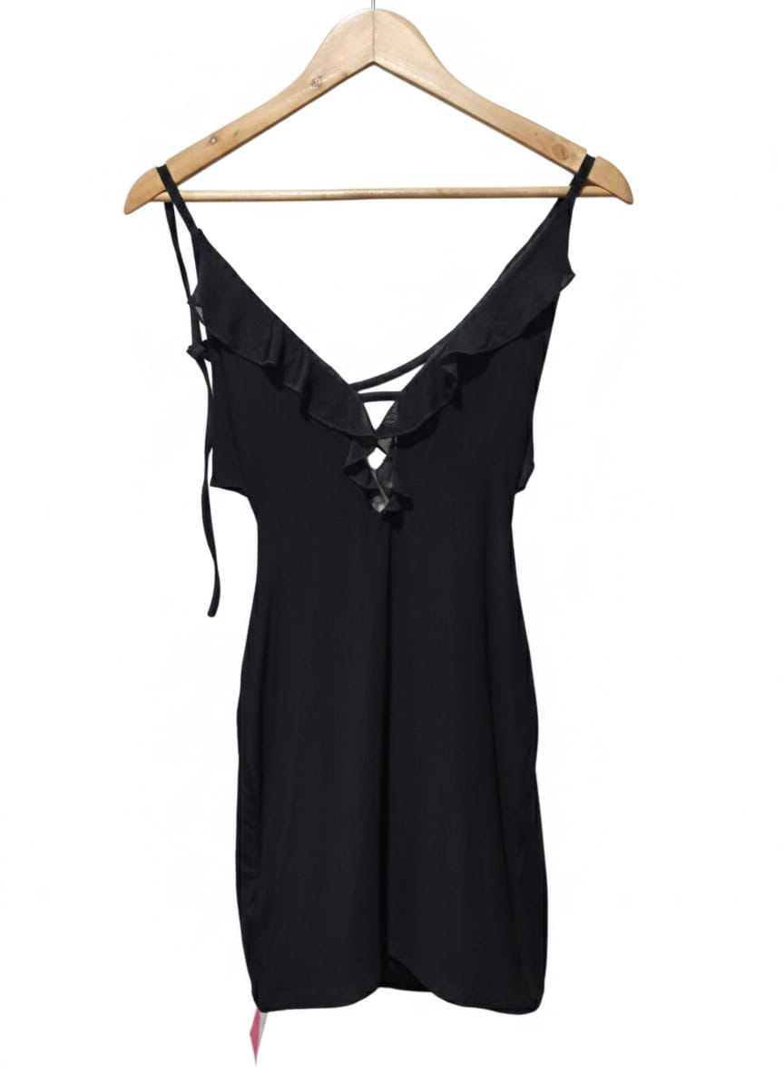 HYPERFITE|M|BUST 14.5|Black V-Neck Crisscross Backless Mini Dress