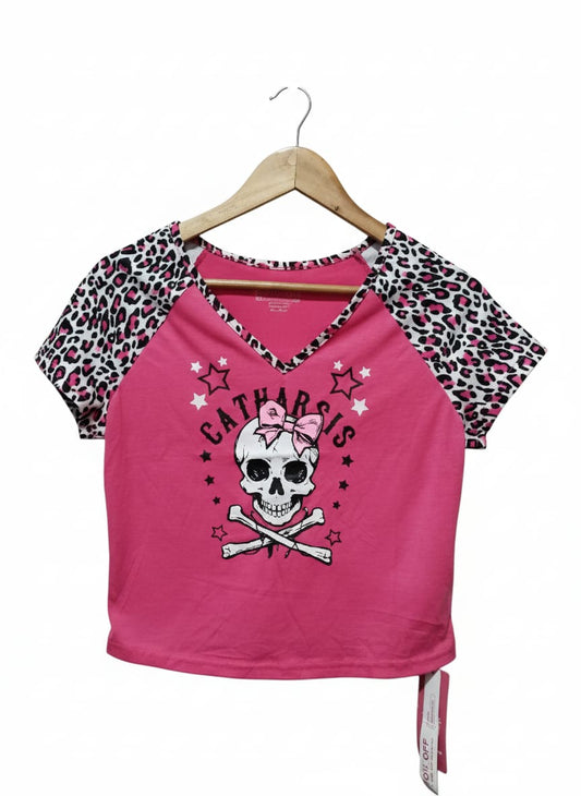 ROMWE|L|BUST 17|Pink Skull & Crossbones Crop Girls Long-Sleeve Raglan T-Shirt