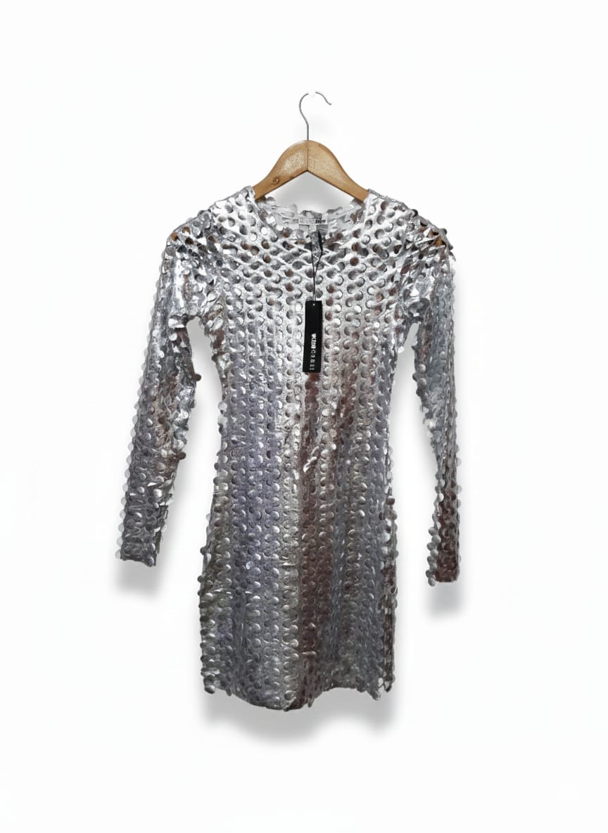 FASHION NOVA|S|BUST 13|Silver Laser Cut Metallic Catsuit/Dress
