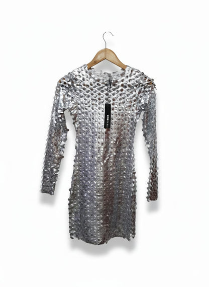 FASHION NOVA|S|BUST 13|Silver Laser Cut Metallic Catsuit/Dress