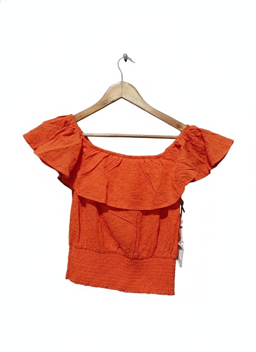 1.STATE|S|BUST 13|Orange Eyelet Off-Shoulder Crop Top