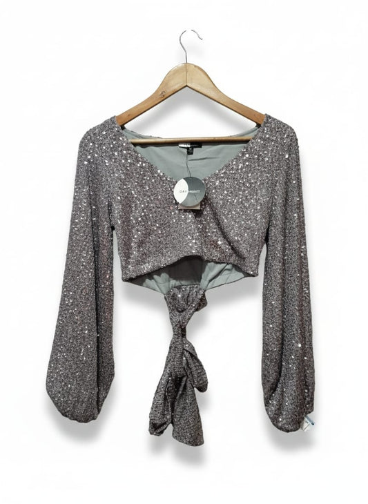 DAY&NIGHT|M|BUST 16|Silver Sequin Long Sleeve Tie-Front Top
