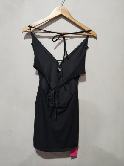 HYPERFITE|M|BUST 14.5|Black V-Neck Crisscross Backless Mini Dress
