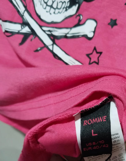 ROMWE|L|BUST 17|Pink Skull & Crossbones Crop Girls Long-Sleeve Raglan T-Shirt