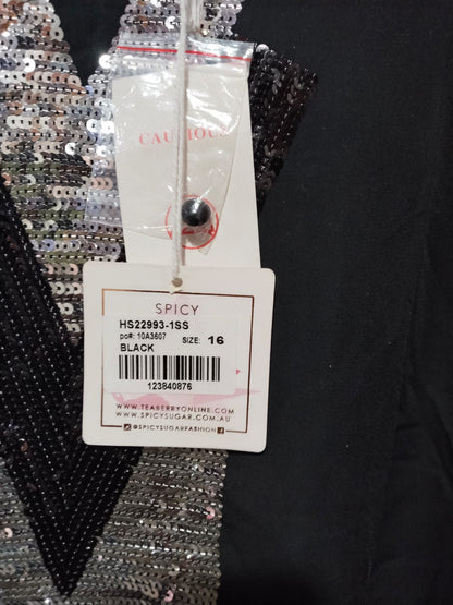 SPICY SUGAR|L/XL|BUST 22.5|lack T-Shirt with Silver V-Neck Sequin Design