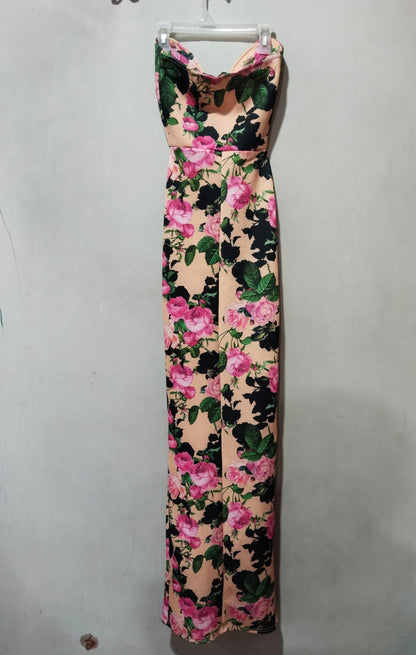PRETTY LITTLE THINGS|XS|BUST 12|Blush Pink Floral Print Strapless Cut Out Maxi Dress