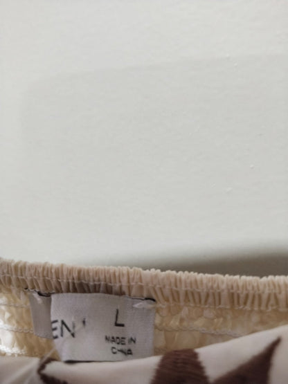 SEE AND BE SEEN|L|BUST 18|White and Brown Geometric Print Ruffle Sleeve Midi Dress