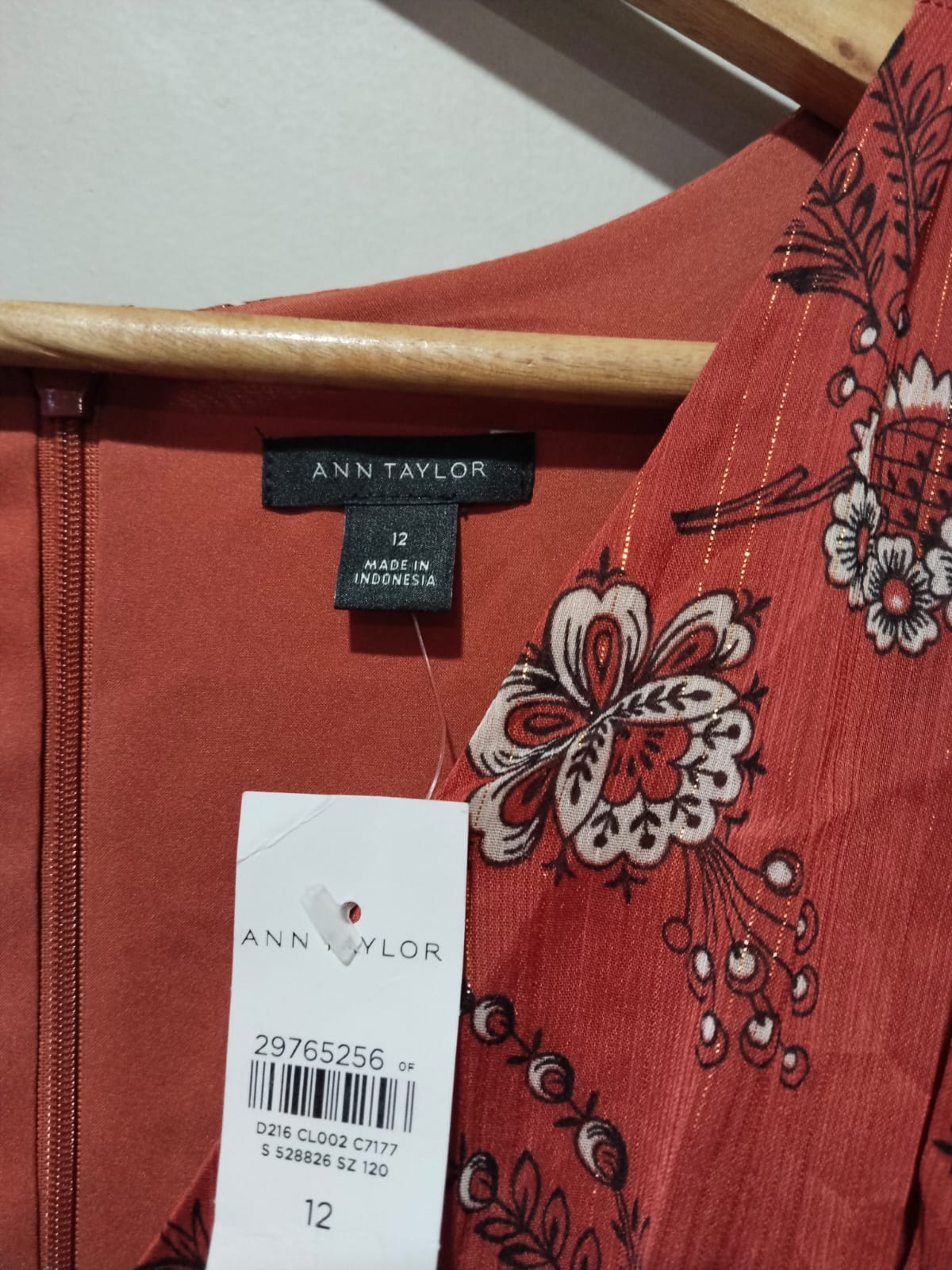 ANN TAYLOR|M/L|BUST 19| C3| Rust Metallic Shimmer Flutter Cap Sleeve Tiered Floral
