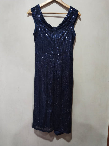 JASAMBAC|M|BUST 16|Navy Sequin Cowl Neck Midi Dress