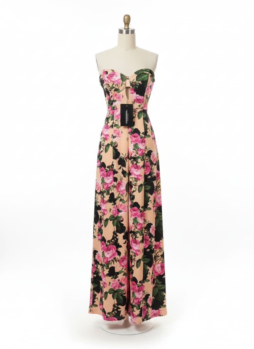 PRETTY LITTLE THINGS|XS|BUST 12|Blush Pink Floral Print Strapless Cut Out Maxi Dress