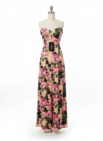 PRETTY LITTLE THINGS|XS|BUST 12|Blush Pink Floral Print Strapless Cut Out Maxi Dress