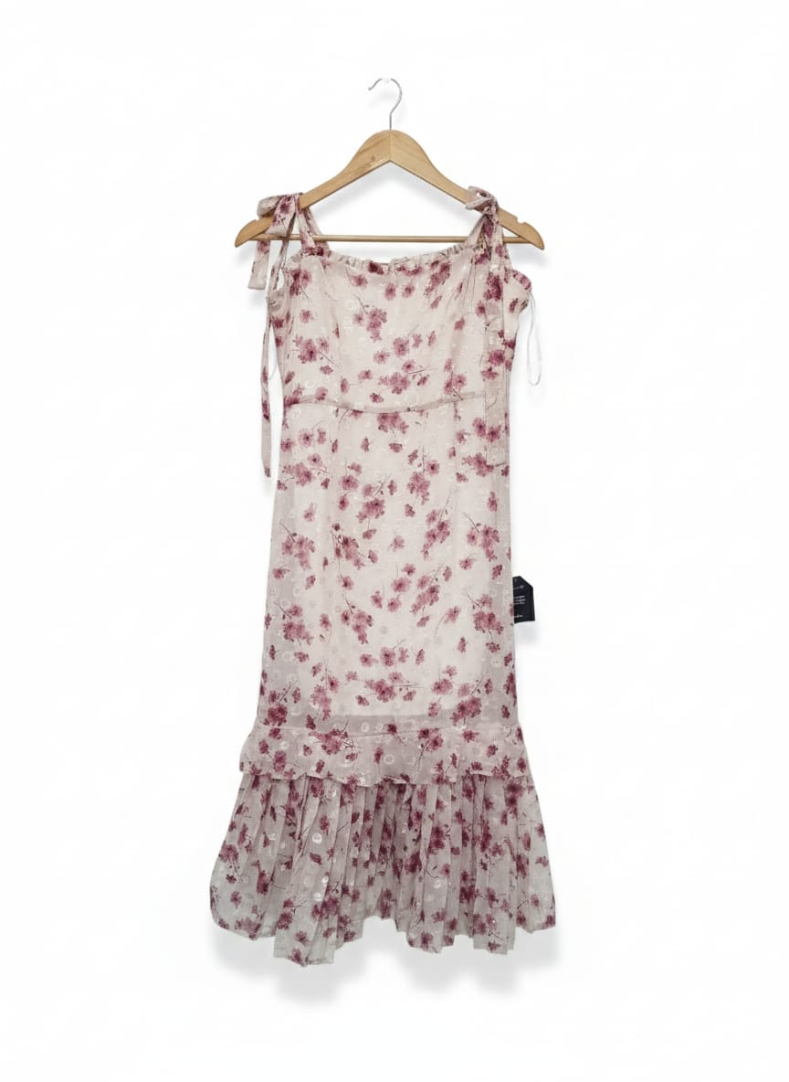 LULUS|M|BUST 16| C5| Terrace Views Taupe Floral Print Tiered Midi Dress