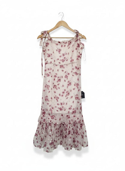 LULUS|M|BUST 16| C5| Terrace Views Taupe Floral Print Tiered Midi Dress