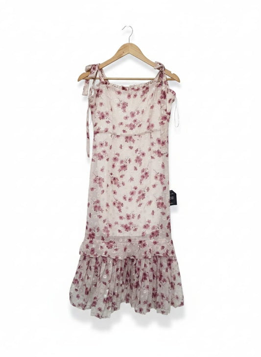 LULUS|M|BUST 16|Terrace Views Taupe Floral Print Tiered Midi Dress