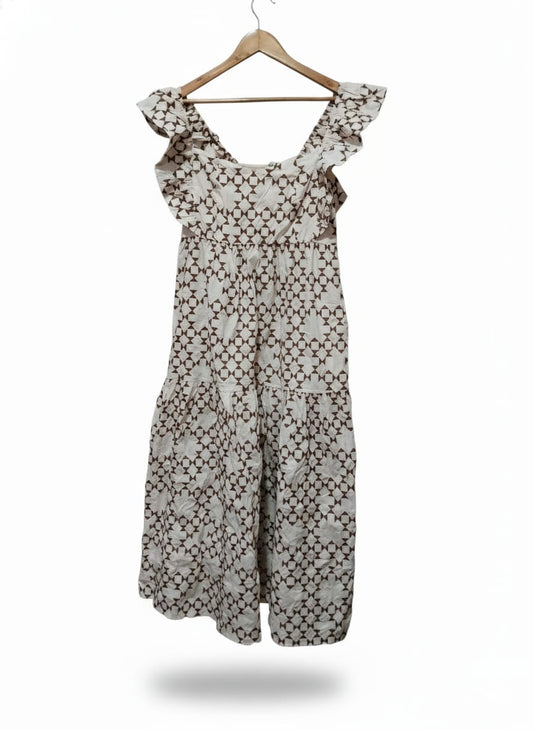 SEE AND BE SEEN|L|BUST 18|White and Brown Geometric Print Ruffle Sleeve Midi Dress