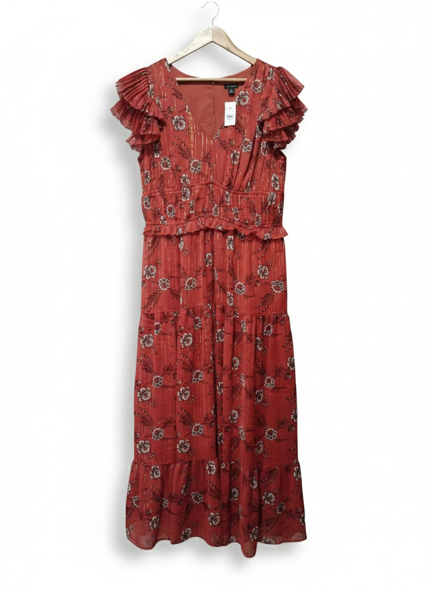 ANN TAYLOR|M/L|BUST 19| C3| Rust Metallic Shimmer Flutter Cap Sleeve Tiered Floral