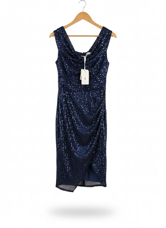 JASAMBAC|M|BUST 16|Navy Sequin Cowl Neck Midi Dress