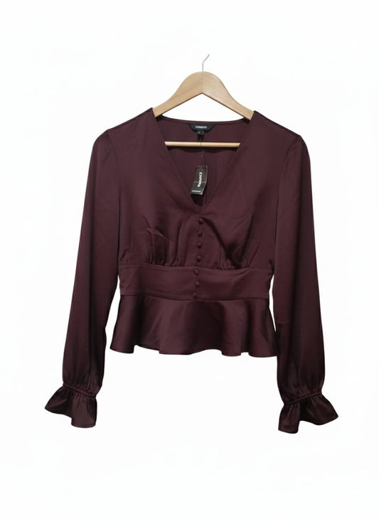 EXPRESSS|S|BUST 17| V-Neck Button Satin Peplum Top