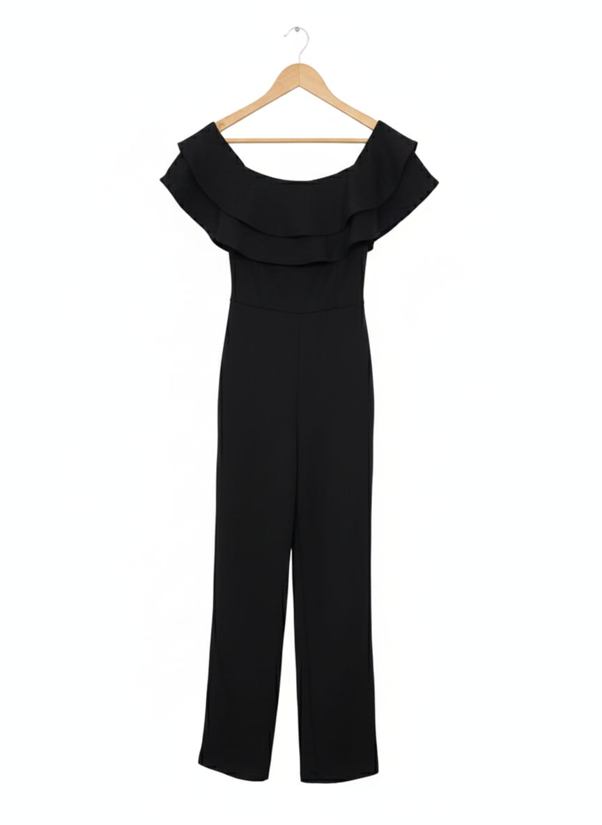 FASHION NOVA|S|BUST 15.5|BLACK OFF-THE-SHOULDER RUFFLE JUMPSUIT