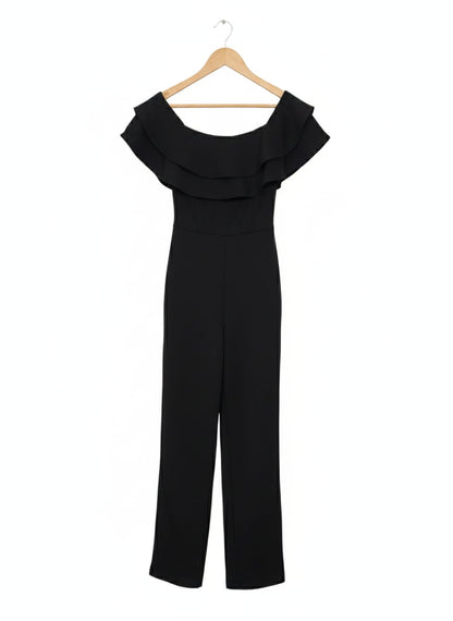 FASHION NOVA|S|BUST 15.5|BLACK OFF-THE-SHOULDER RUFFLE JUMPSUIT