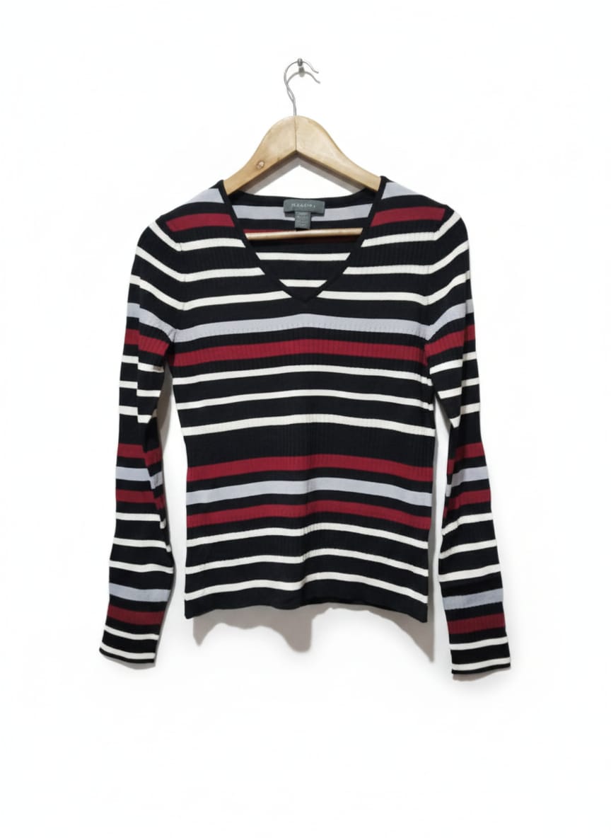 MANTIES|M|BUST 16|MULTI-COLOR STRIPED V-NECK SWEATER