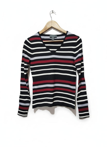 MANTIES|M|BUST 16|MULTI-COLOR STRIPED V-NECK SWEATER