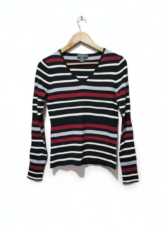 MANTIES|M|BUST 16|MULTI-COLOR STRIPED V-NECK SWEATER