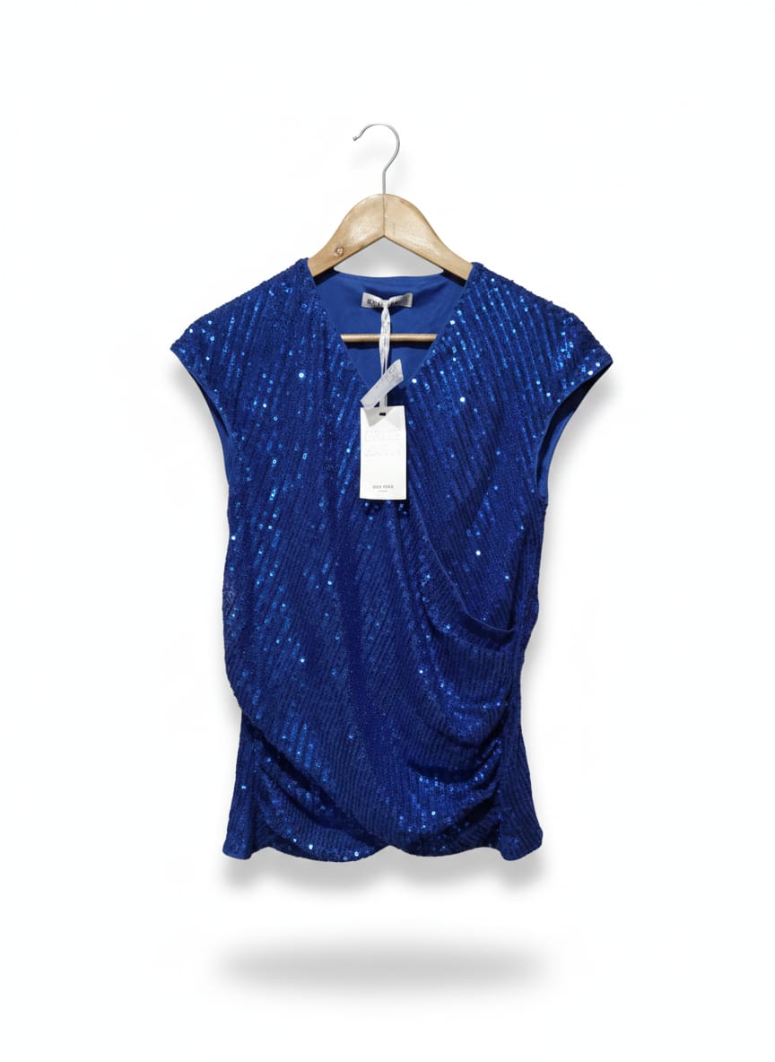 GRACE KARIN|S|BUST 16|ROYAL BLUE SEQUIN WRAP BLOUSE