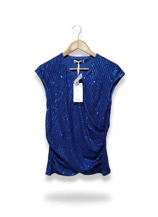 GRACE KARIN|S|BUST 16|ROYAL BLUE SEQUIN WRAP BLOUSE