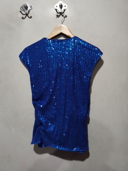GRACE KARIN|S|BUST 16|ROYAL BLUE SEQUIN WRAP BLOUSE