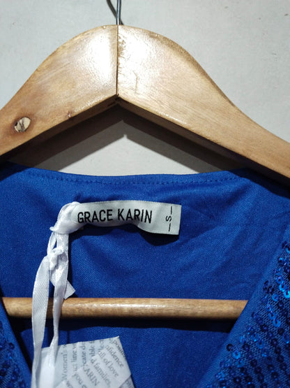 GRACE KARIN|S|BUST 16|ROYAL BLUE SEQUIN WRAP BLOUSE