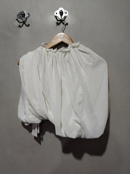 COMMENSE|XS|BUST 16.5|WHITE GATHERED PUFF SLEEVE BLOUSE