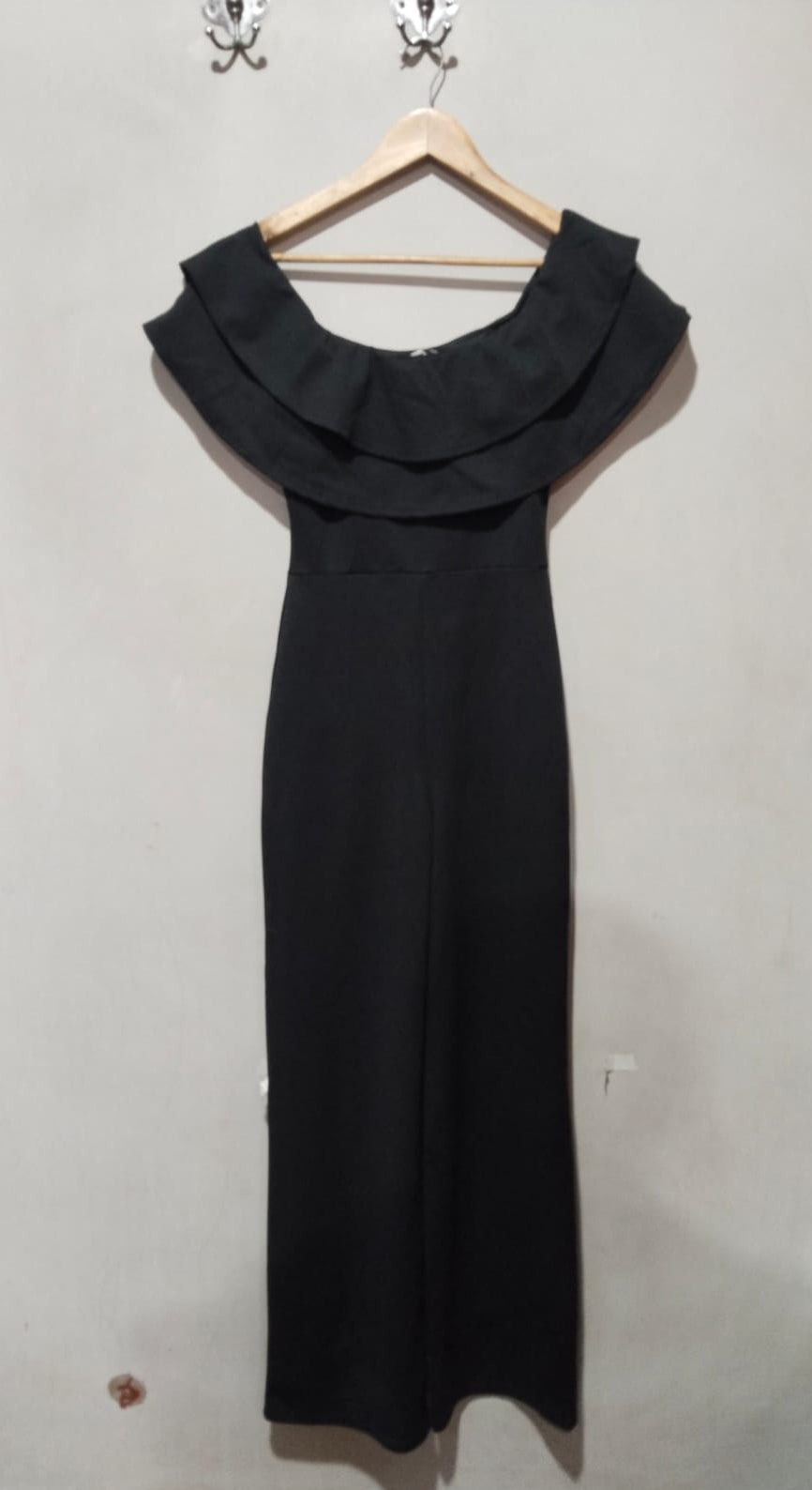 FASHION NOVA|S|BUST 15.5|BLACK OFF-THE-SHOULDER RUFFLE JUMPSUIT