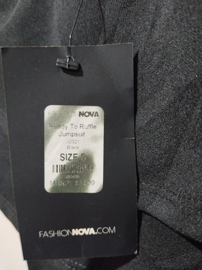 FASHION NOVA|S|BUST 15.5|BLACK OFF-THE-SHOULDER RUFFLE JUMPSUIT