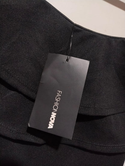 FASHION NOVA|S|BUST 15.5|BLACK OFF-THE-SHOULDER RUFFLE JUMPSUIT