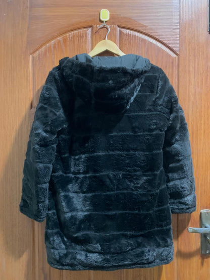 BLACK HOODED FAUX FUR COAT|M|BUST 32|COAT