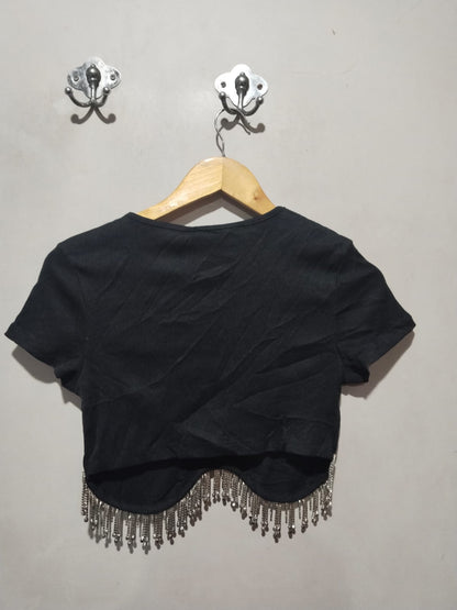 RUMOR|M|BUST 14|Short Sleeve Black Top with Silver Chain Detail