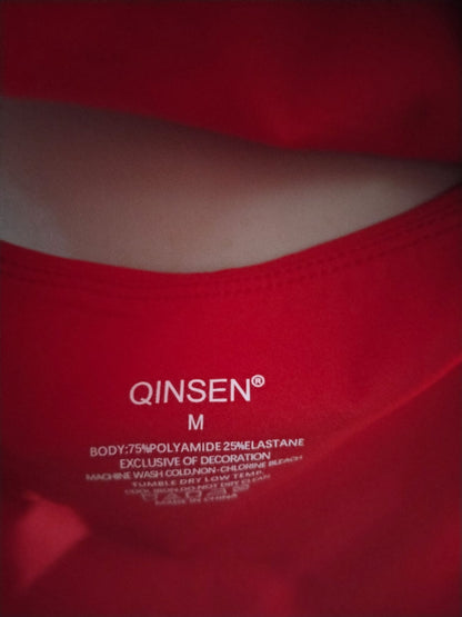 QINSEN|M|BUST 14|Red Scoop Neck Crop Tank Top