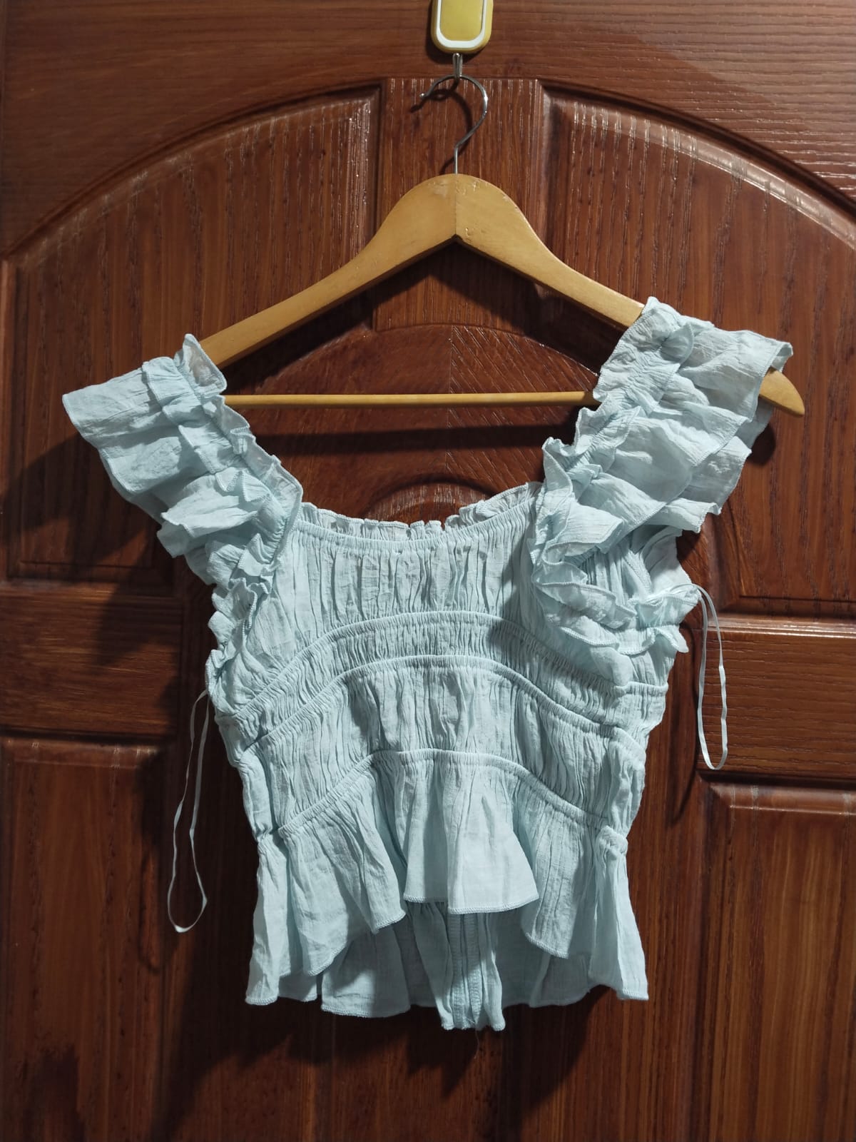 THIRTY/THIRTY| S|BUST 13|Blue Smocked Ruffle Crop Top