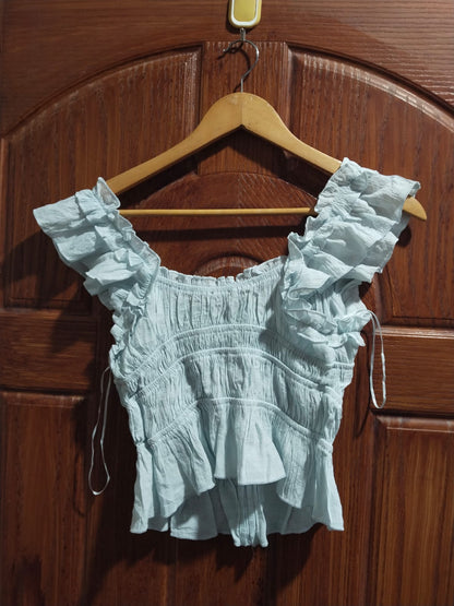 THIRTY/THIRTY| S|BUST 13|Blue Smocked Ruffle Crop Top