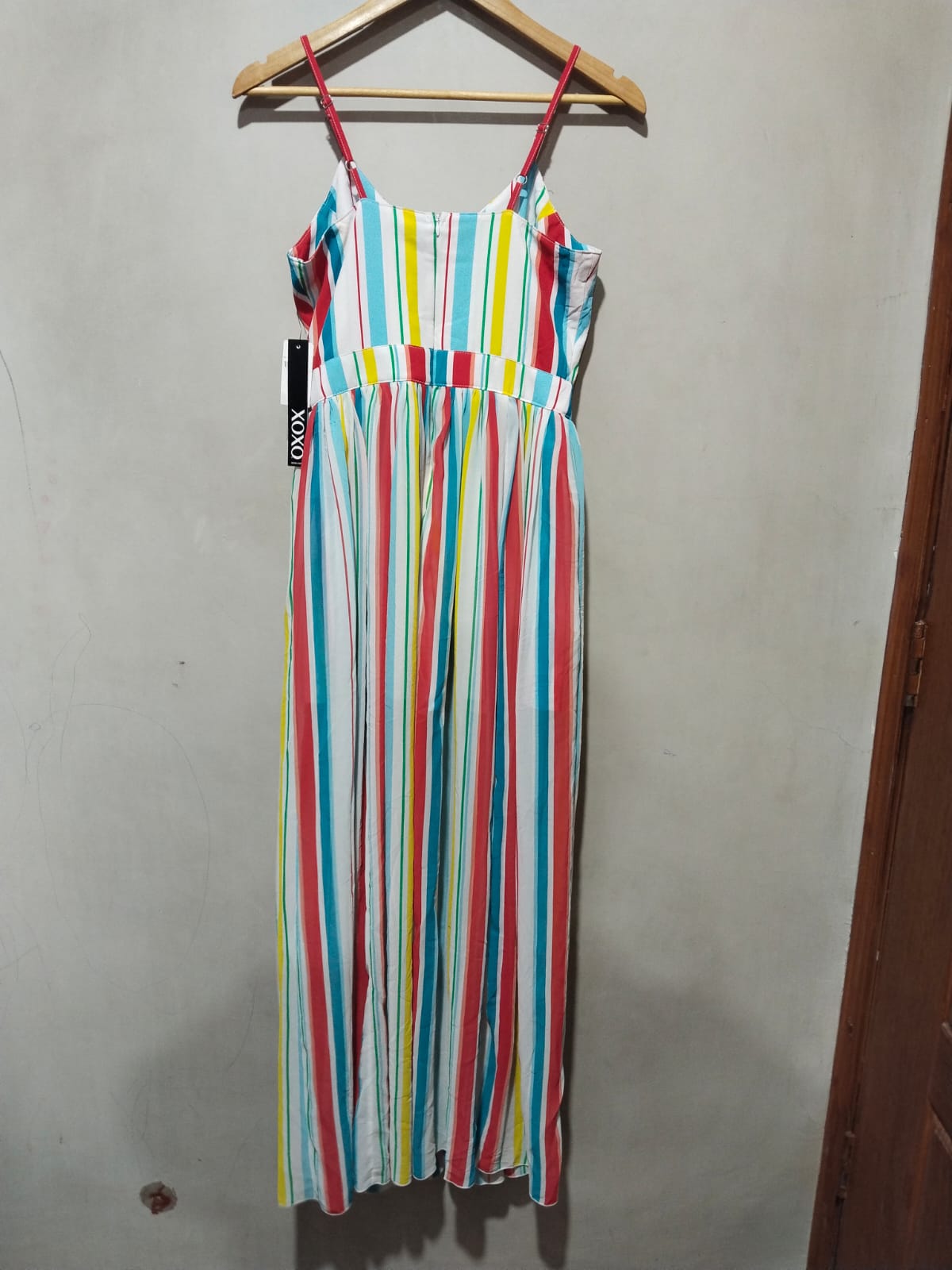 XOXO|S|BUST 15| Women's Juniors Blue Striped Spaghetti Strap Maxi Romper