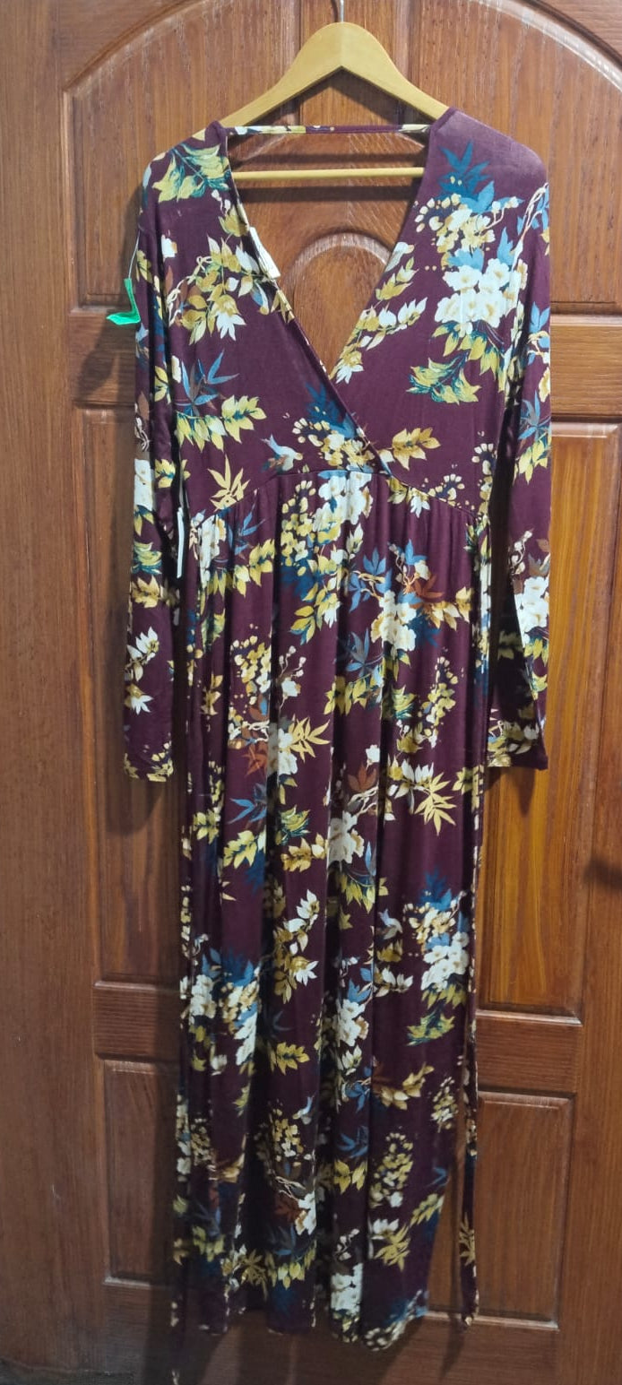 JESSICA SIMPSON|M|BUST 18.5|C4|Burgundy Blue And Brown Long Sleeve Dress