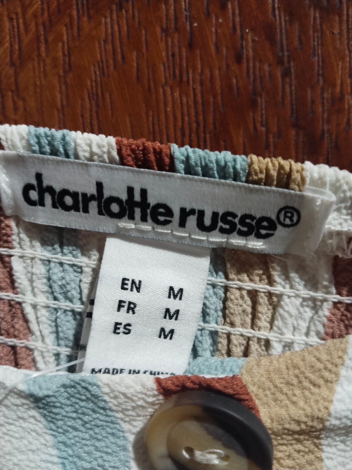 CHARLOTTE RUSSE|M|BUST 14.5|Striped Linen Jumpsuit with Wooden Buttons