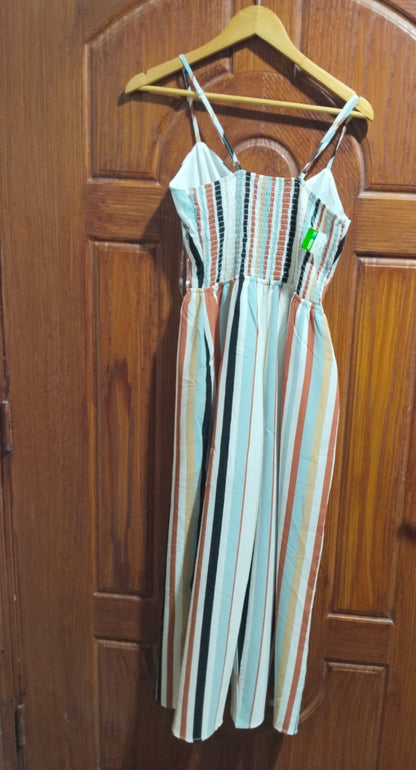 CHARLOTTE RUSSE|M|BUST 14.5|Striped Linen Jumpsuit with Wooden Buttons