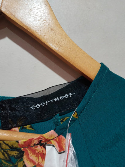 CODE X MODE|M|BUST 18|Green/Teal Floral Blouse Waist Tie