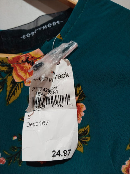 CODE X MODE|M|BUST 18|Green/Teal Floral Blouse Waist Tie