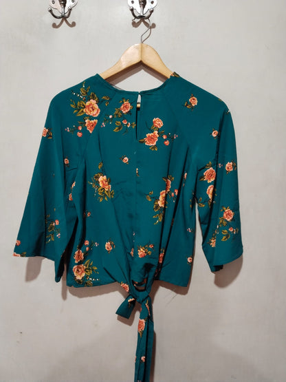 CODE X MODE|M|BUST 18|Green/Teal Floral Blouse Waist Tie