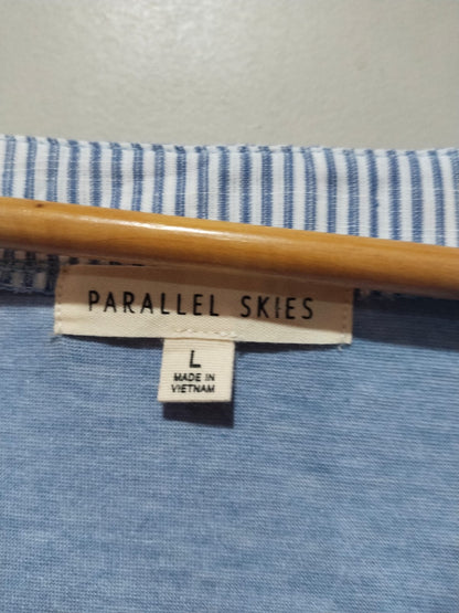 PARALLEL SKIES|L|BUST 20|Blue Striped Button Down Top with Tie